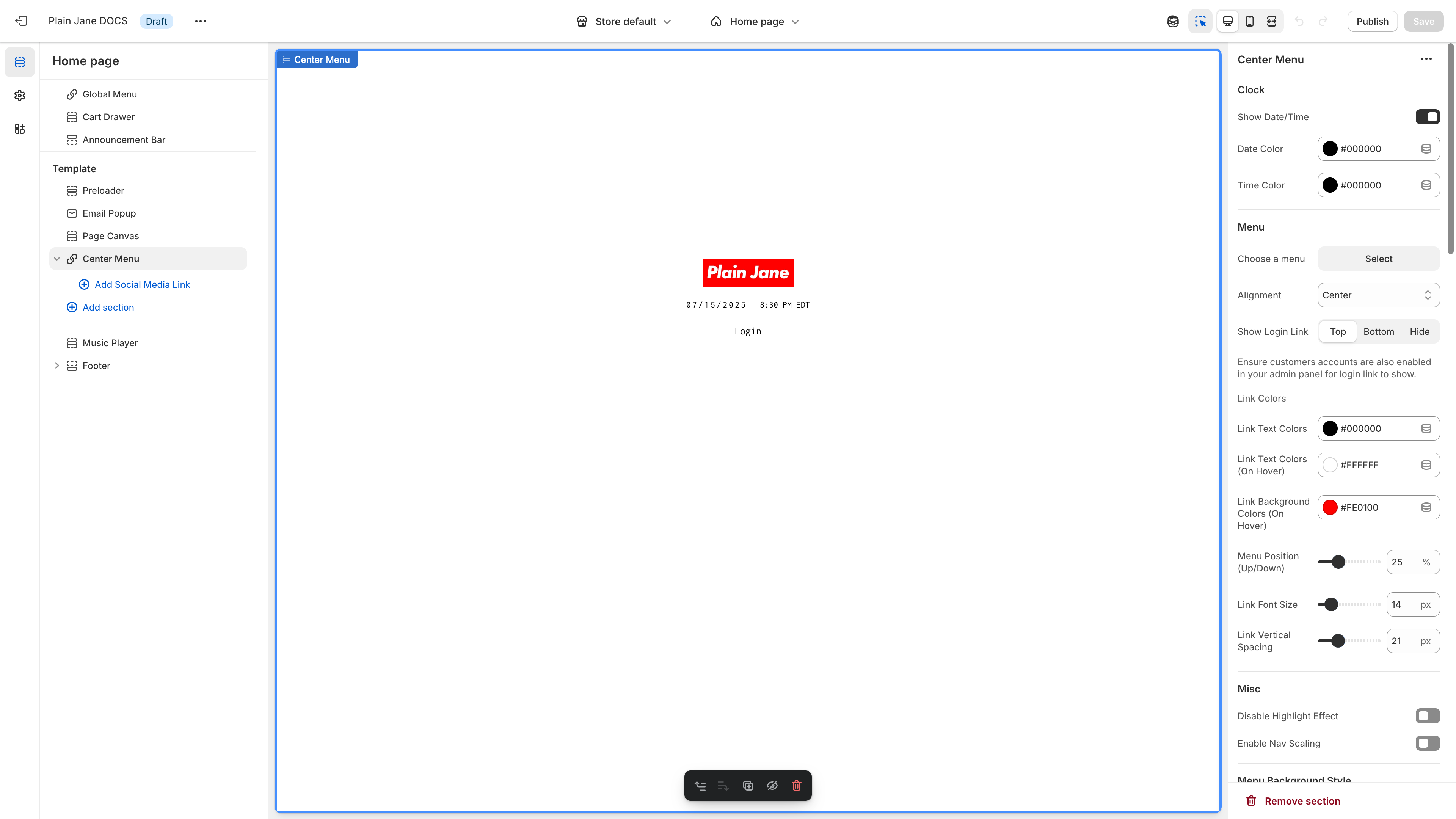 Center Menu section selected in theme customizer