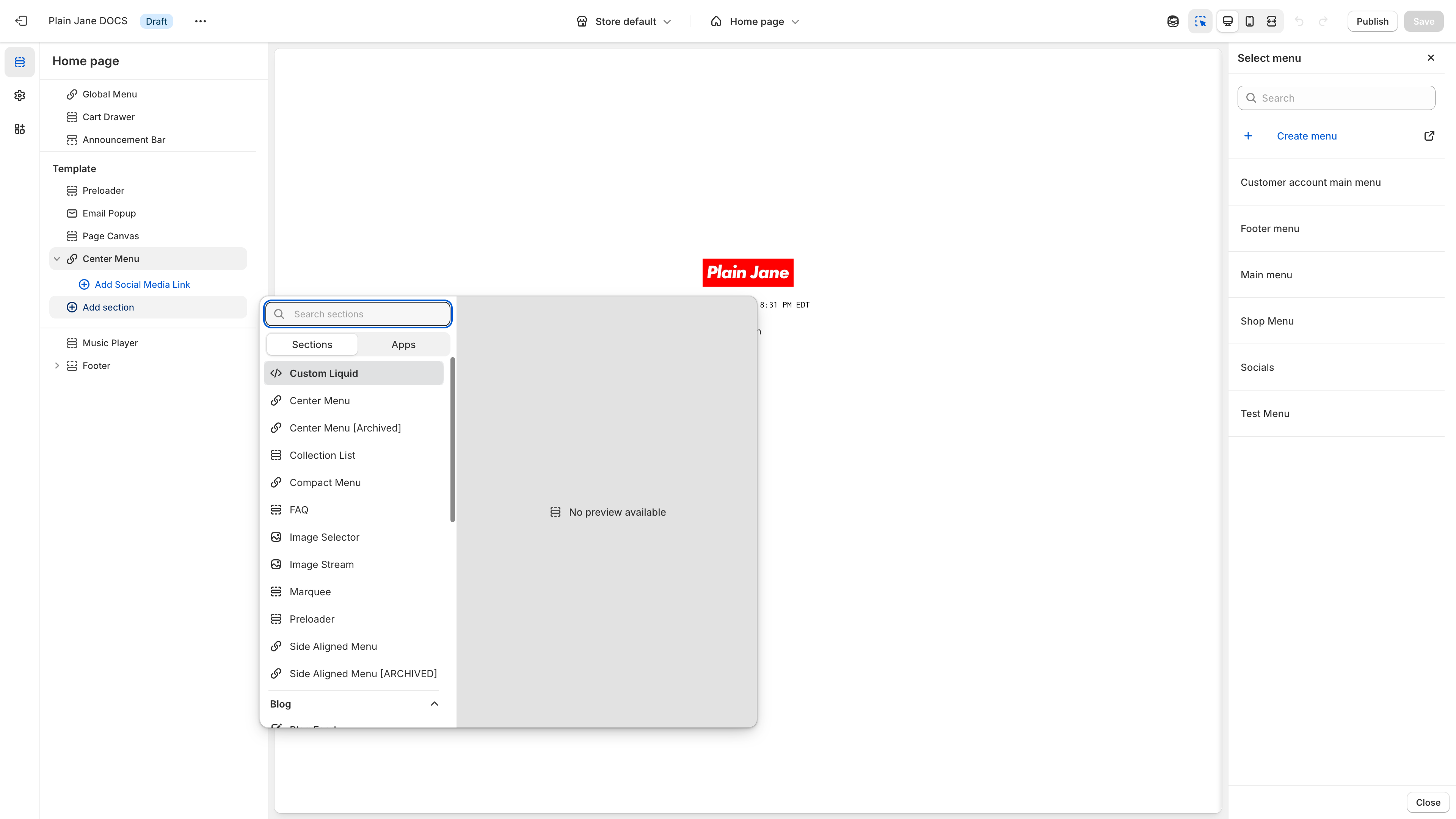 Add section modal in theme customizer